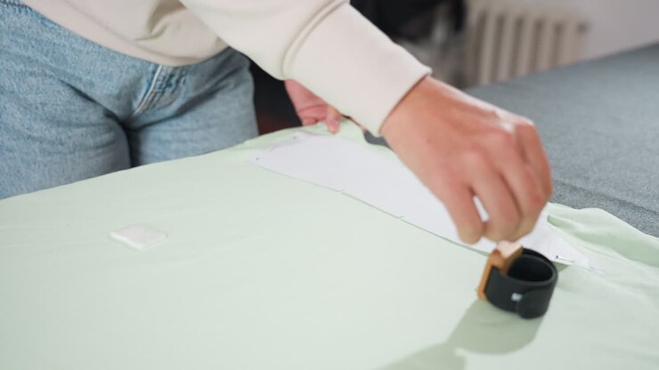Woman in jeans carefully joins two fabrics using office pin on workspace table, securing white paper pattern over light green textile during professional garment preparation process