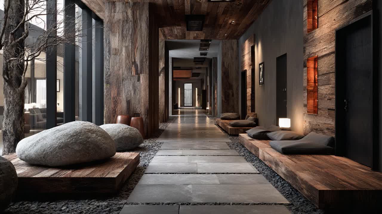 A Serene and Modern Interior Hallway Featuring Natural Elements, Wood Textures, and Elegant Minimalism for a Relaxing Ambience