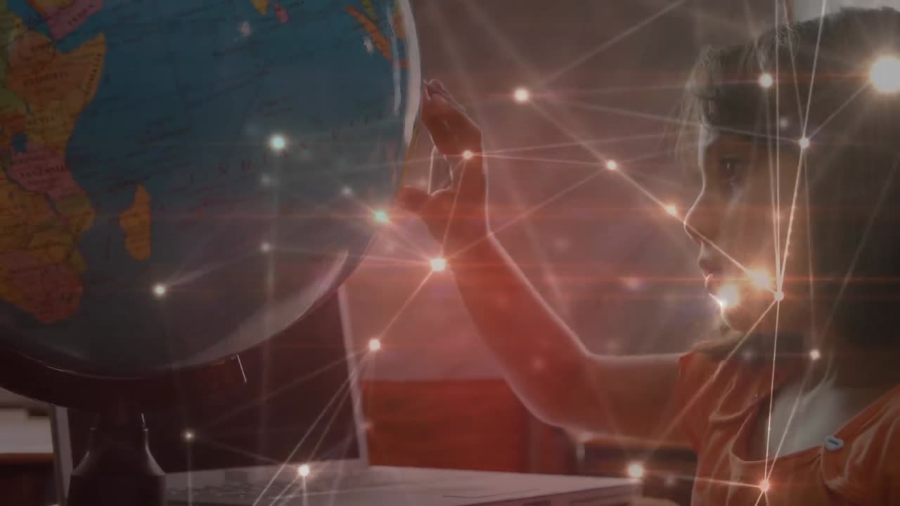 초등학교에서 지구를 사용하여 지리학을 배우는 백인 소녀에 대한 연결 네트워크