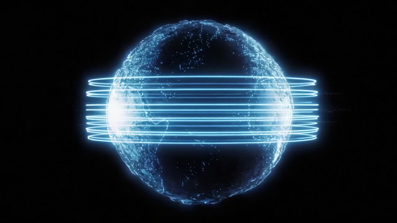 Dynamic Visualization of a Rotating Digital Earth with Glowing Data Streams Highlighting Information Flow and Connectivity in a Futuristic Space