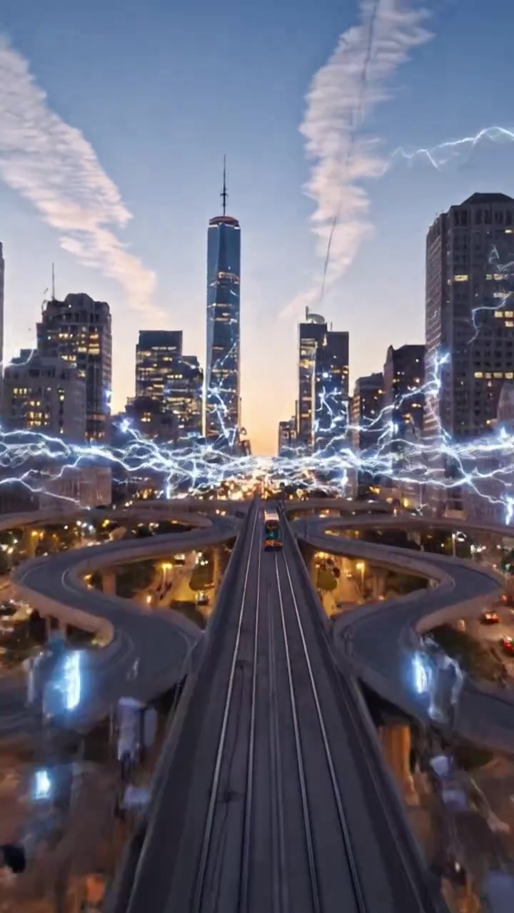 Fonte de Água Urbana Dinâmica com Efeitos de Iluminação Contra um Cenário Urbano Deslumbrante ao Entardecer, Apresentando Arquitetura Moderna e Vida Urbana Vibrante