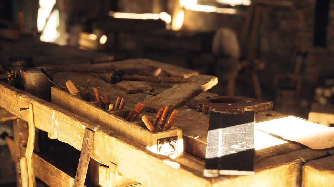 Tools and wooden bench in an old workshop with natural light