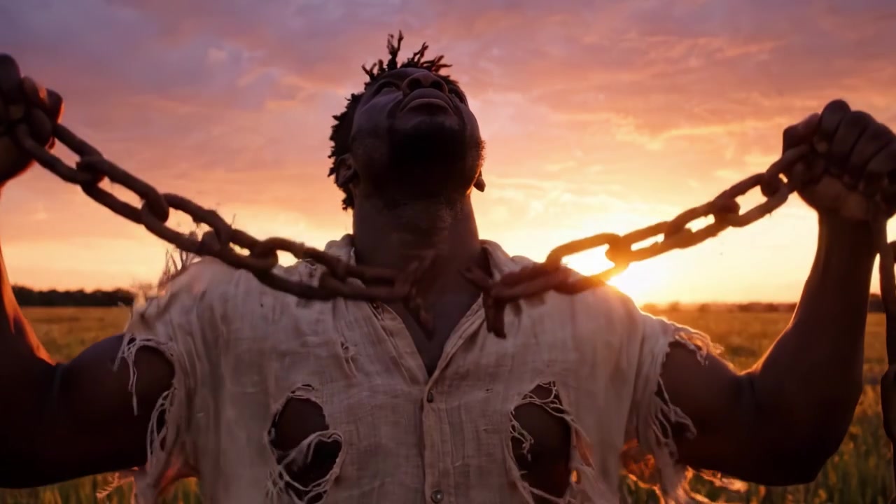 A Striking Visual of Strength and Resilience: A Man Holding Chains Against a Sunset Backdrop in a Field, Symbolizing Struggle and Triumph over Adversity
