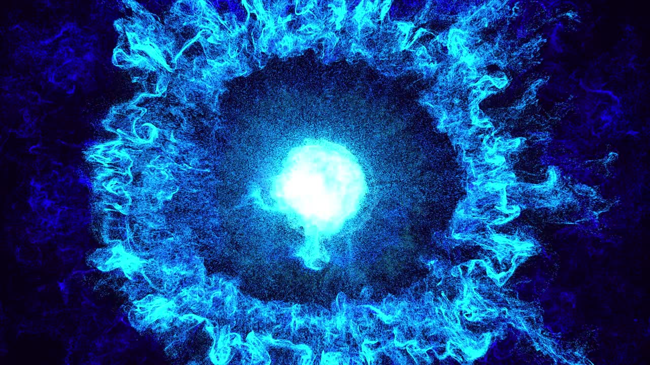 onda de choque. colorido hermoso bg con partículas mágicas lambent. partículas de brillo se extienden como efecto de tinta. luma mate como canal alfa. el emisor emite remolino de partículas de brilla que forman la estructura de la nube de tinta.