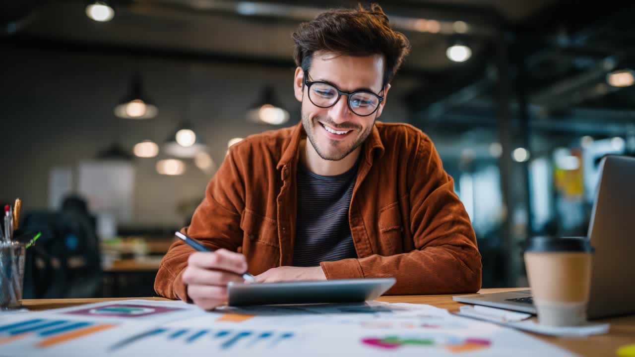 Professionista impegnato nella creazione di contenuti digitali con uno stilo su un tablet in un ambiente d'ufficio moderno, circondato da bozze di design colorate e strumenti.