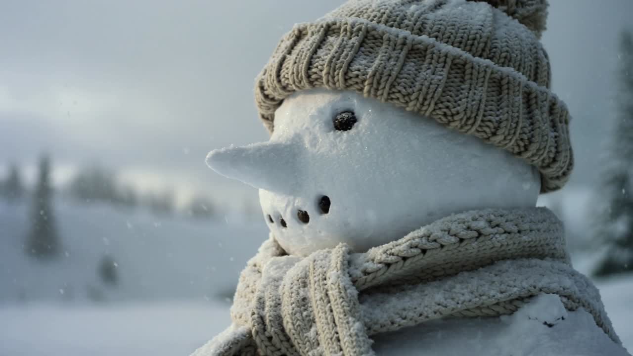 Pulling back camera revealing handcrafted snowman in snowy field, with knit beanie and scarf