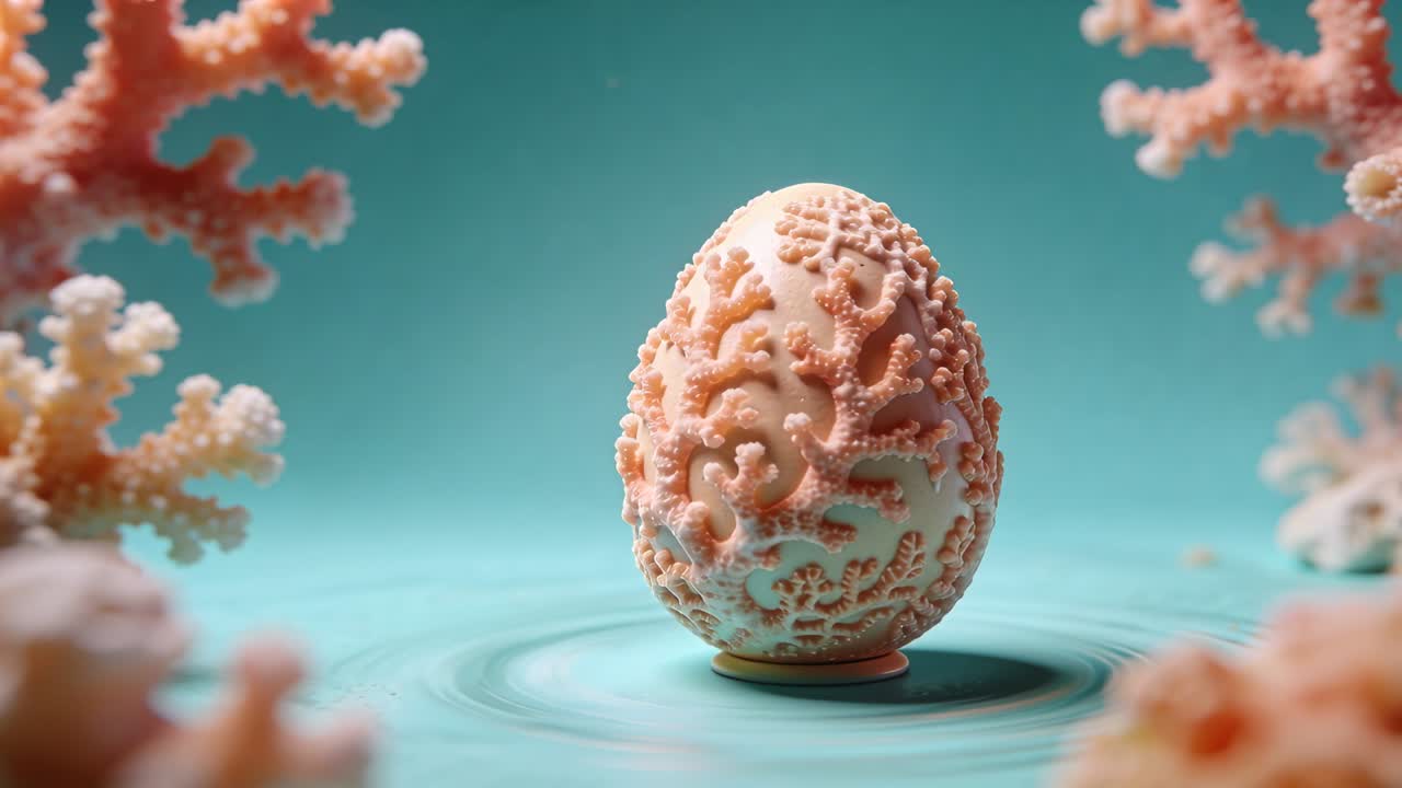 Following ripple pulse coral egg rotating on pedestal on turquoise surface, revealing coral details