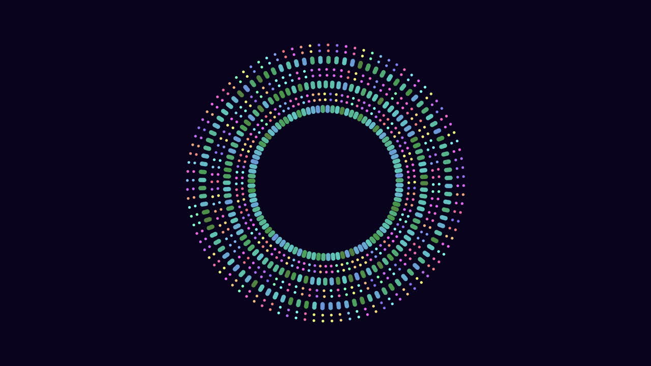 A colorful circular pattern displaying overlapping purple, pink, blue, and green dots in various arrangements. The dynamic design can be utilized for web backgrounds or graphic elements