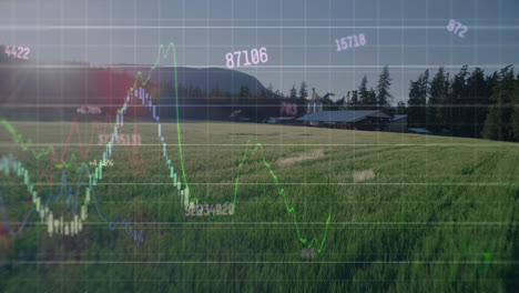 Animation-of-changing-numbers-and-financial-data-processing-against-aerial-view-of-grassland