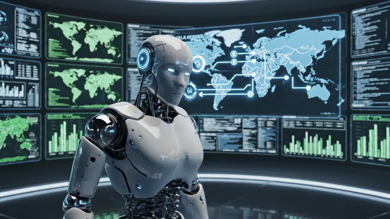 Futuristic Robot Analyzing Global Data on Multiple Screens