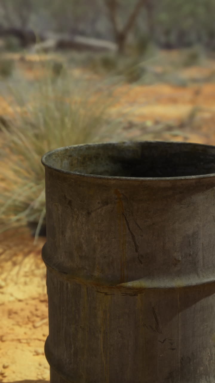 Forgotten barrel abandoned in a dry desert landscape under a scorching sun