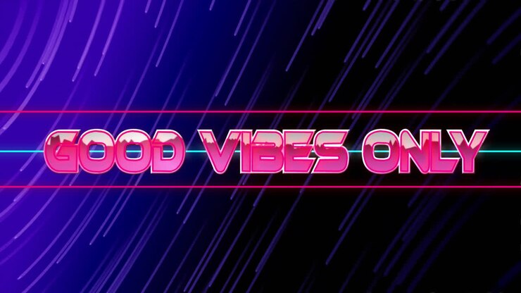 Animazione del testo "good vibes only" su scie luminose su sfondo blu.