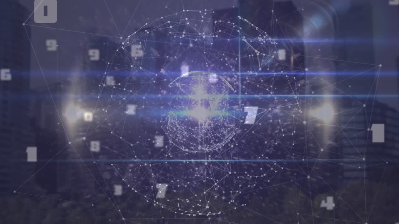 연결 네트워크, 데이터 처리 및 반 ⁇ 이는 불빛과 함께 회전하는 지구의 애니메이션