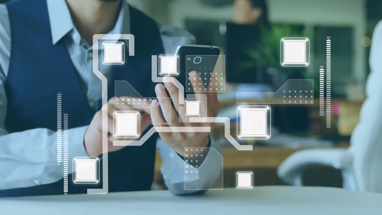 스마트 폰을 사용하는 사업가에 대한 연결 네트워크 및 데이터 처리의 애니메이션