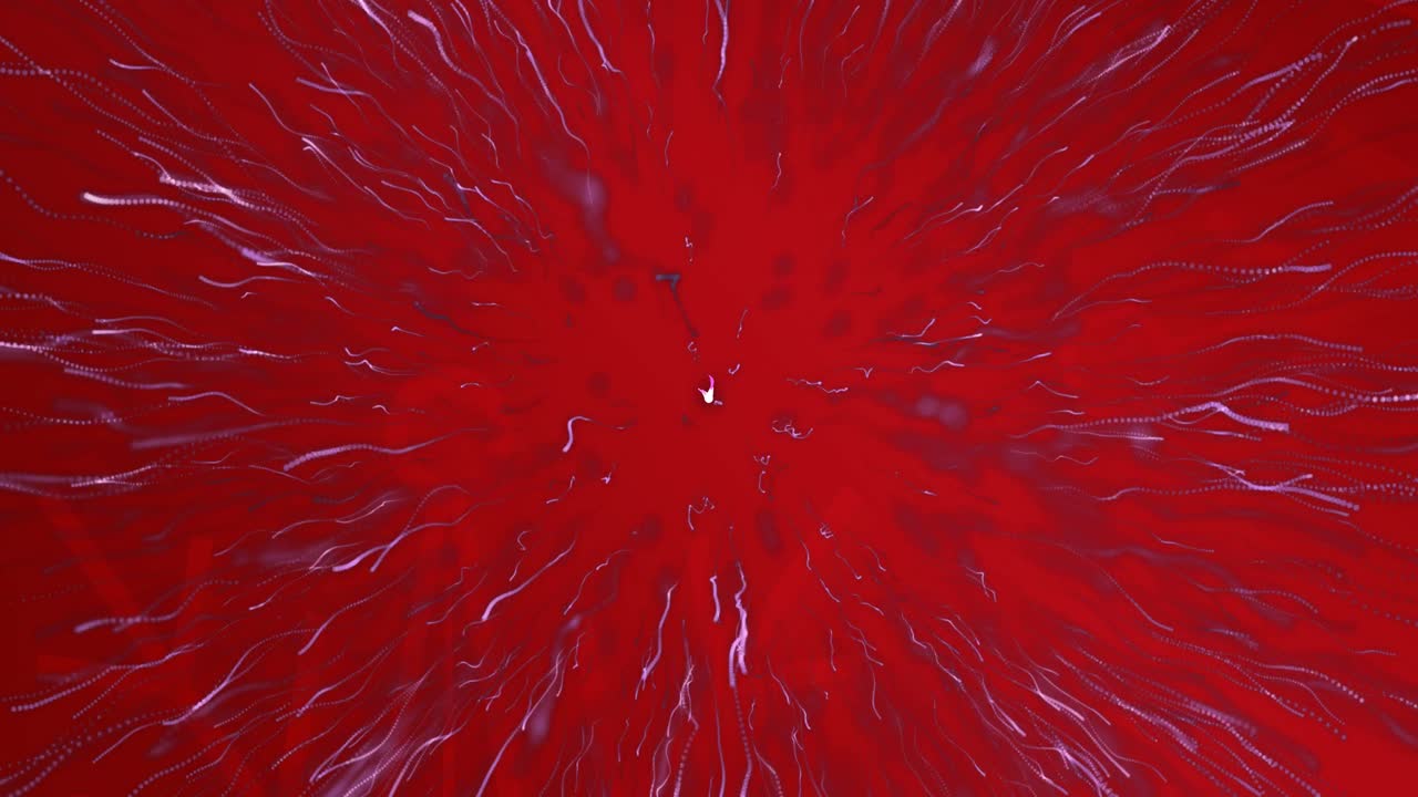 빨간색 배경에서 터지는 보라색 빛의 흔적의 디지털 애니메이션