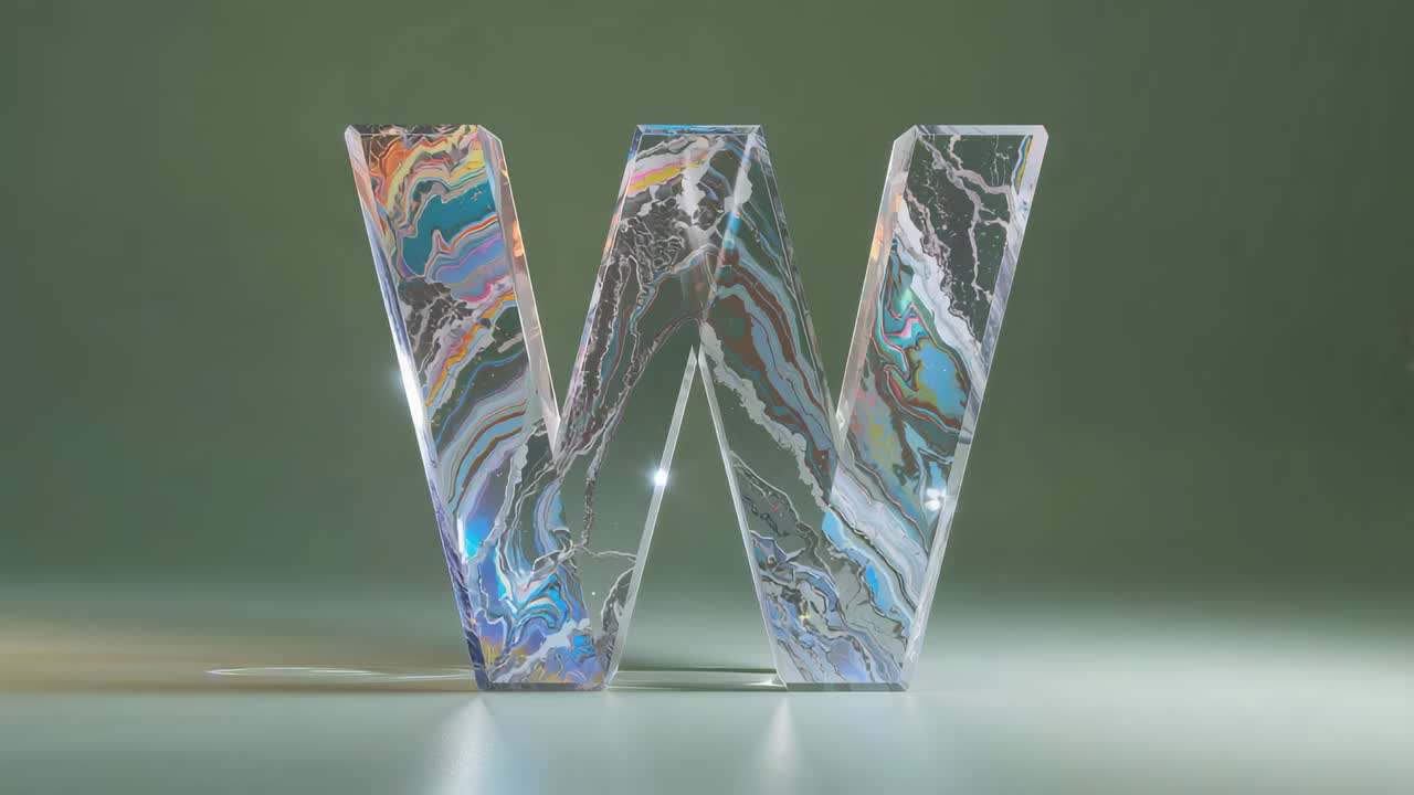 Following highlight sweeping down, 3D letter W losing marbled hues in studio, showing texture shift