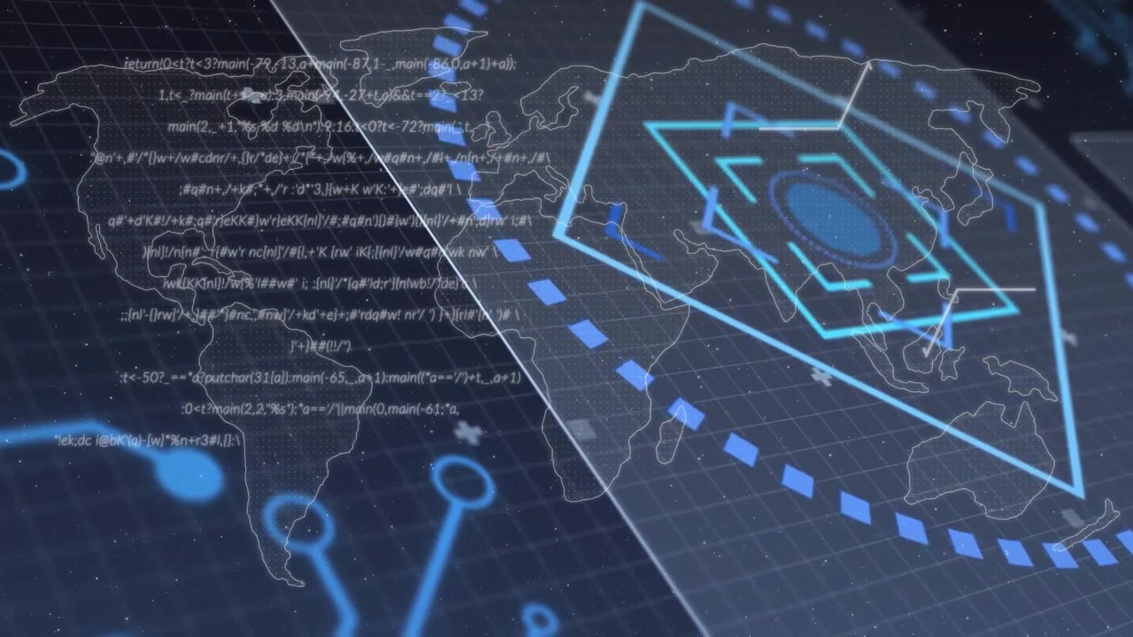 System initiating code streaming above map grid, hexagon rotating and scanning data for insight