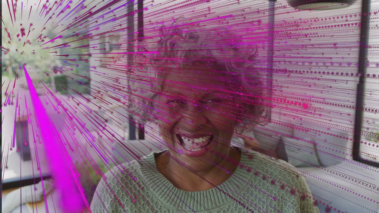 Senior woman on porch smiling as magenta particles passing over face from left for AR demo