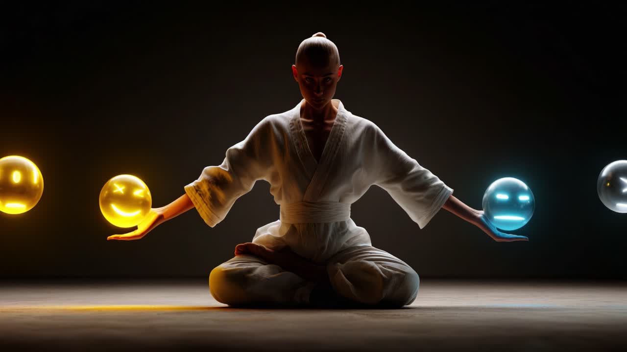 A skilled practitioner meditates in a serene environment, harmonizing energy through glowing orbs representing emotions, inviting a sense of balance and peace while embracing mindfulness