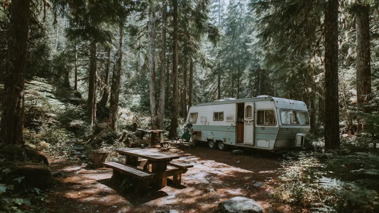 Et fredfyldt fristed: En vintage campingvogn gemt væk mellem store skovtræer, der giver naturelskere og friluftsentusiaster et perfekt fristed i fredfyldte omgivelser