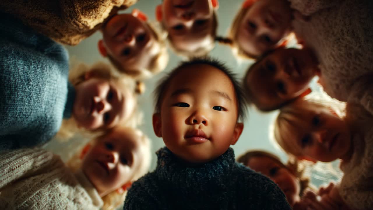 A Centred Young Child Surrounded by a Group of Smiling Peers, Capturing a Moment of Curiosity and Togetherness in a Playful Setting
