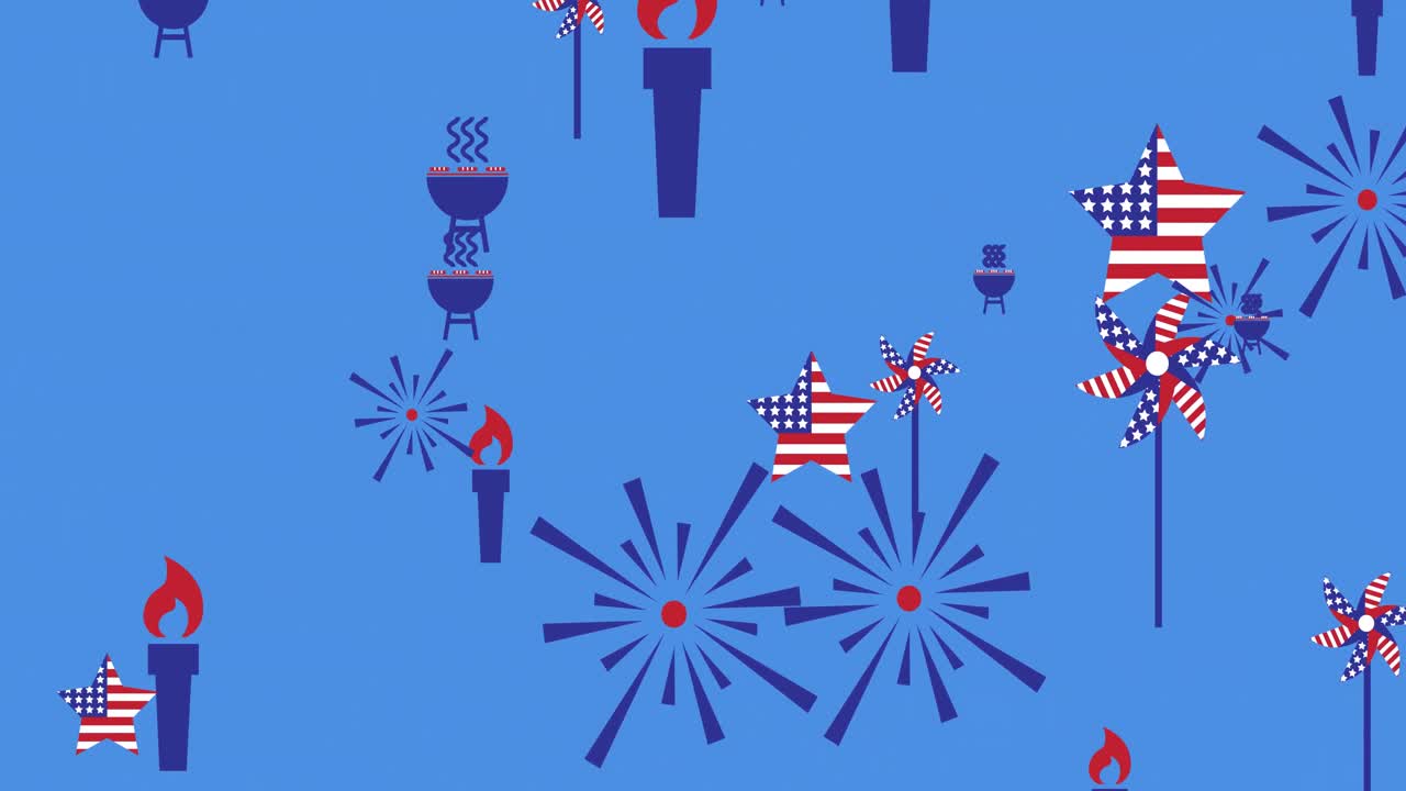 animación de banderas estadounidenses e iconos del día de la independencia moviéndose sobre un fondo azul