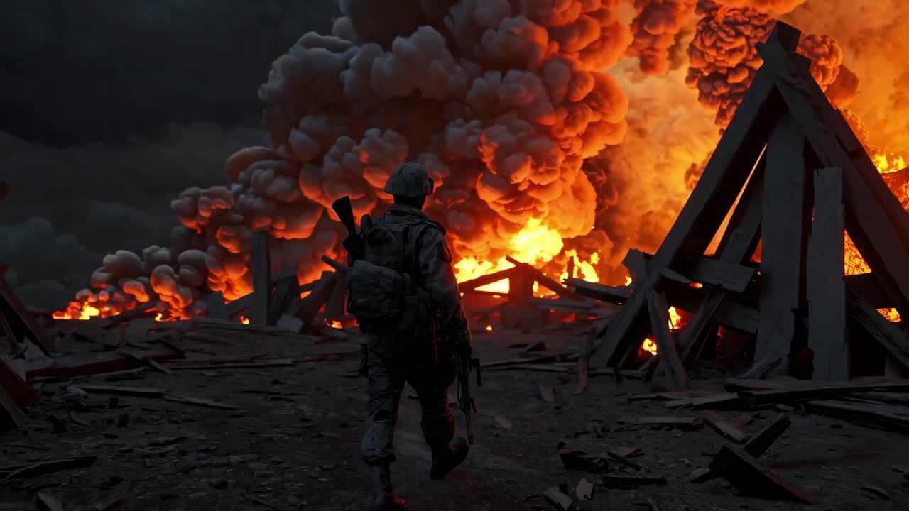A soldier runs towards fiery destruction, captured from a low-angle, creating a dramatic, cinematic