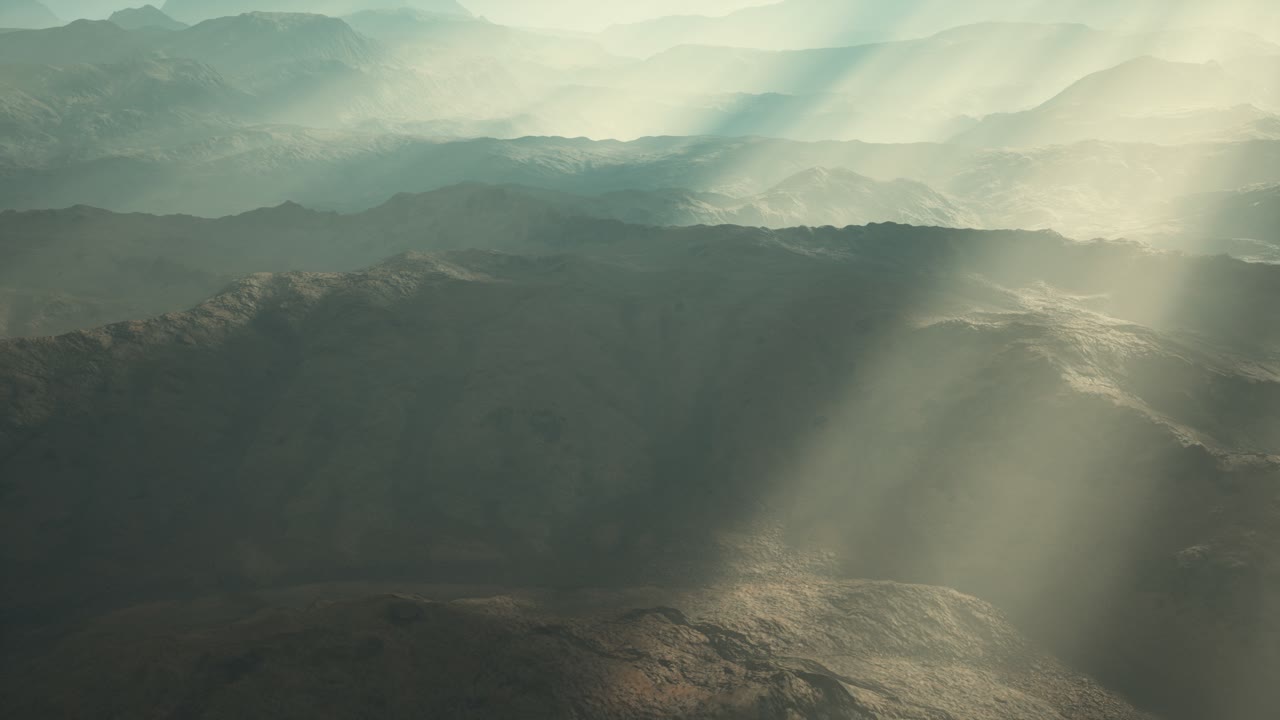 aerial vulcanic desert landscape with rays of light