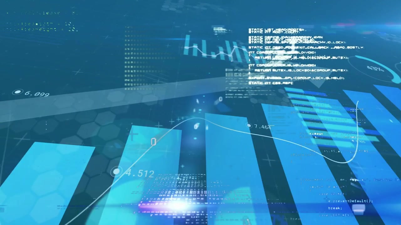 3D bar-chart starting camera shift and glow, showing upward arrow, trend, percent dials for finance