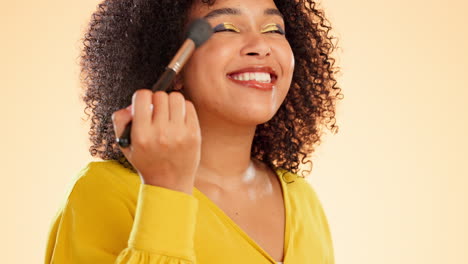 Woman,-makeup-and-dance-with-face-brush-in-studio