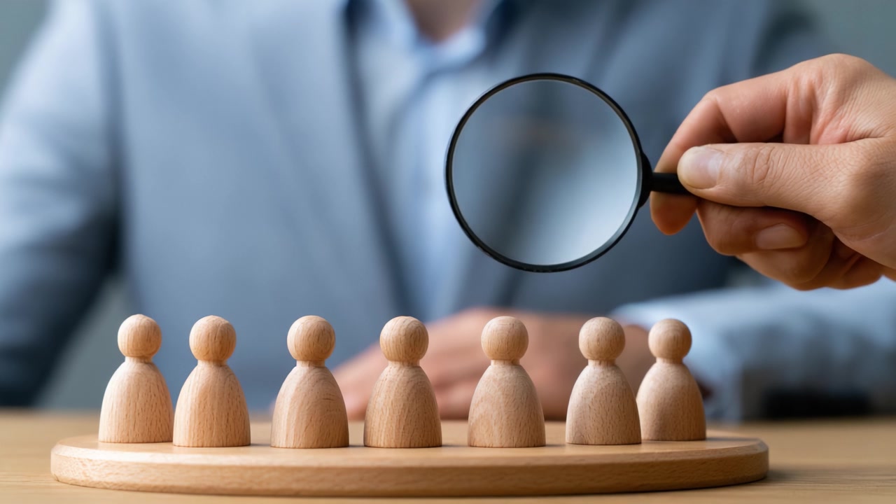 Examining Wooden Figures: A Close-Up Look Through a Magnifying Glass, Representing Analysis, Evaluation, and Insight into Human Diversity and Interaction