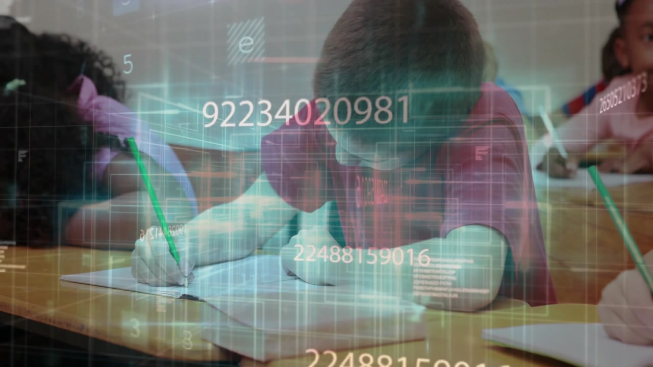 schoolboy writing with green pencil in notebook at desk showing tech grid with floating numbers