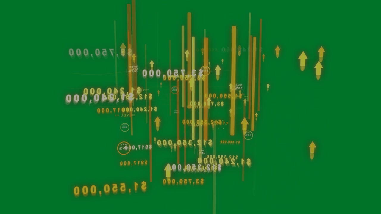 Cluster popping starting 3D viz, bars rising, numbers glowing, arrows moving, peaking on clear bg