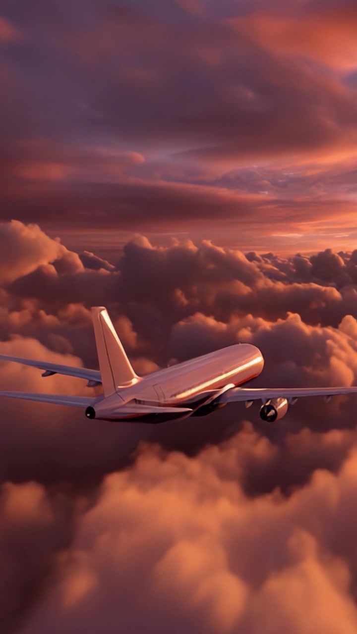 Uno splendido volo al tramonto sopra le nuvole: catturare la bellezza di un aereo che scivola attraverso cieli vibranti durante una scena serale mozzafiato.