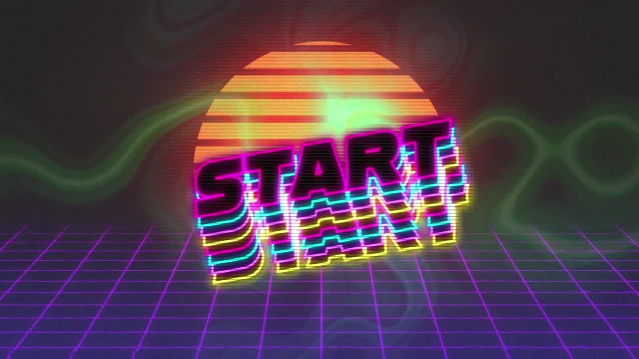 검은 바탕에 디지털 태양 위의 시작 텍스트의 애니메이션