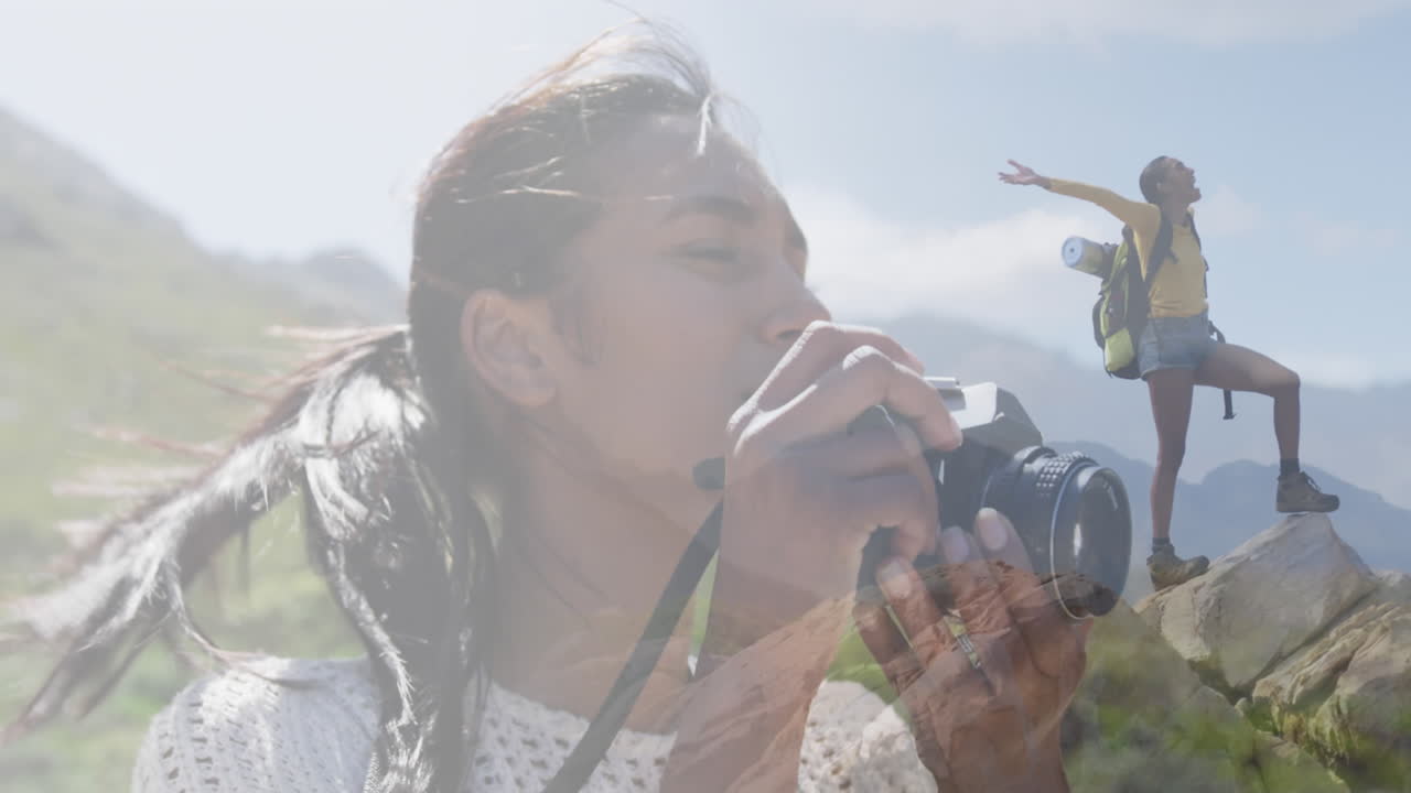 Composite of woman taking photo, and hiking on mountainside