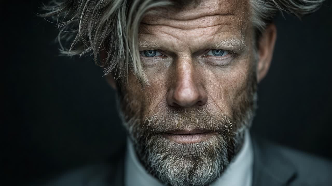 Un ritratto sorprendente di un uomo maturo con lineamenti del viso definiti, una barba ben curata, occhi blu intensi e capelli spettinati, che incarna sicurezza e carisma su uno sfondo scuro.