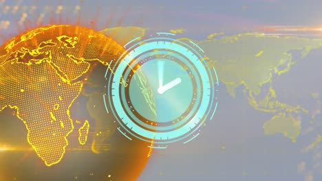 animation of scanner with clock face over glowing yellow global network on grey background