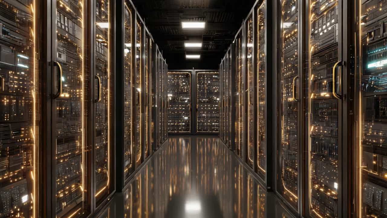 A Futuristic Data Center Corridor Showcasing High-Tech Server Racks and Illuminated Connections in a Well-Organized Network Environment