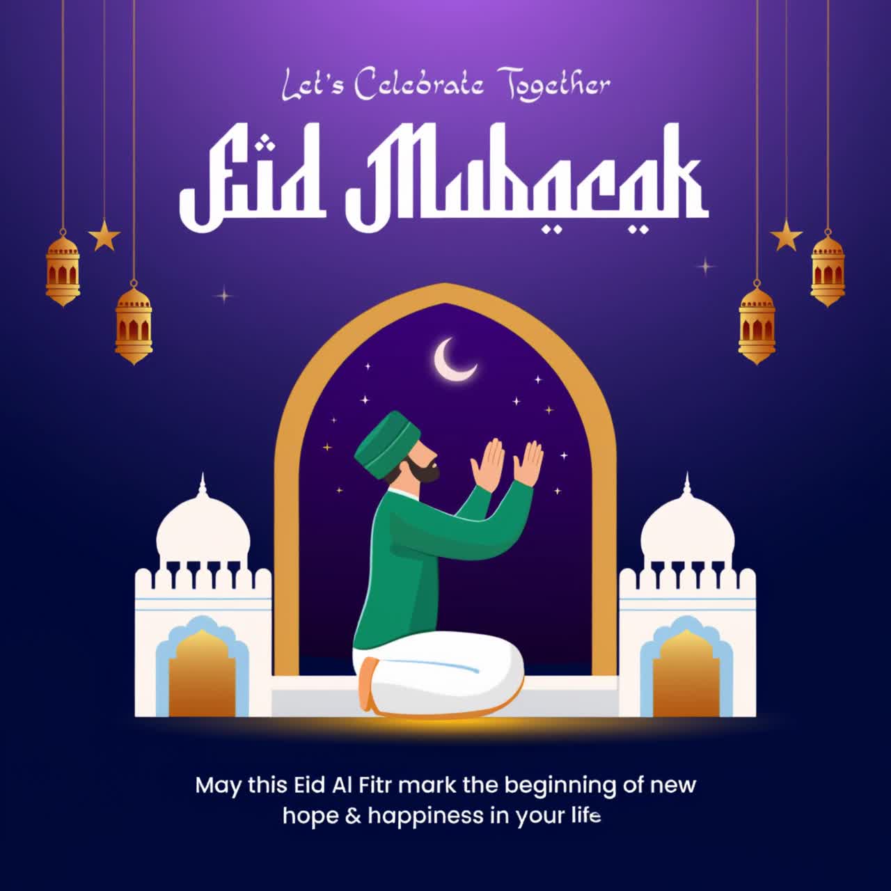 Animazione di un uomo musulmano che prega sotto un arco di moschea con luna crescente e lanterne, durante la celebrazione notturna di Eid Mubarak sullo sfondo.