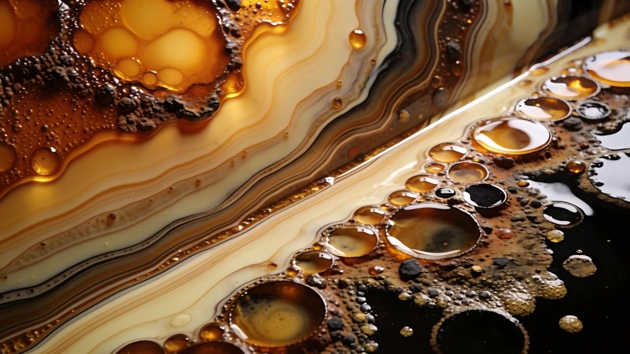 Lighting shifting, droplet cluster showing shape changes and foam spreading on banded layers