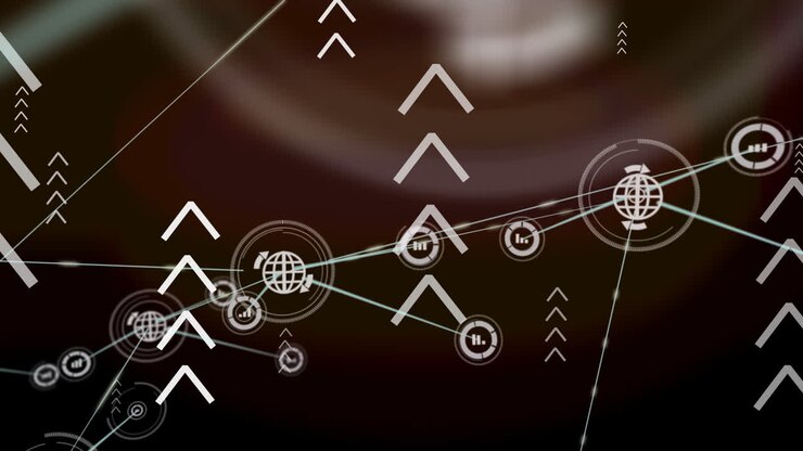 Animation of network of connections with globe icons over arrows on brown background