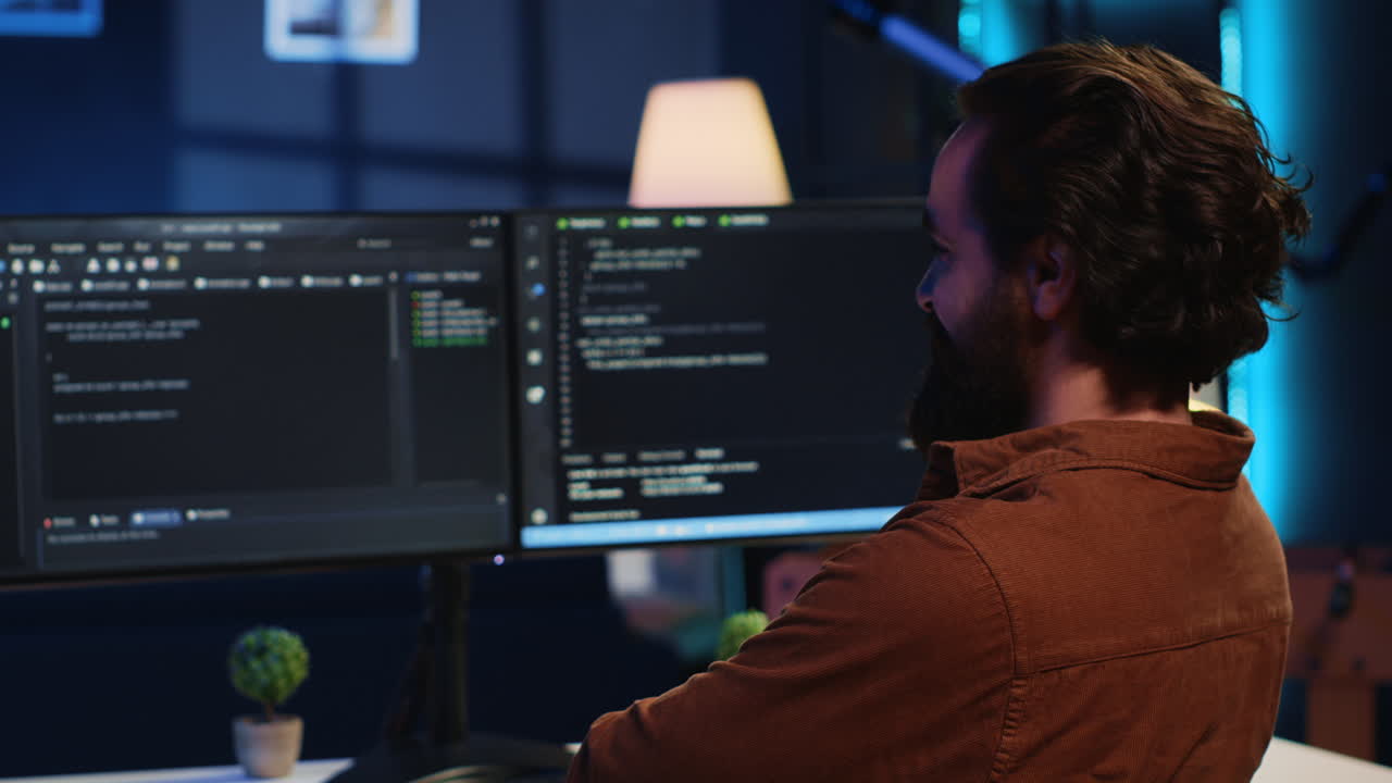 Joyful IT specialist doing contracted job from apartment, writing lines of code