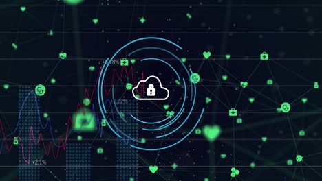 animation of data processing over cloud and padlock icon