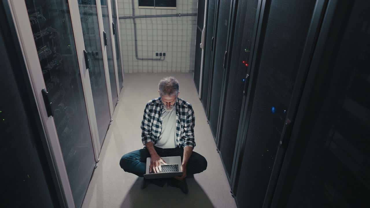 IT-Techniker arbeitet nachts in einem Serverraum