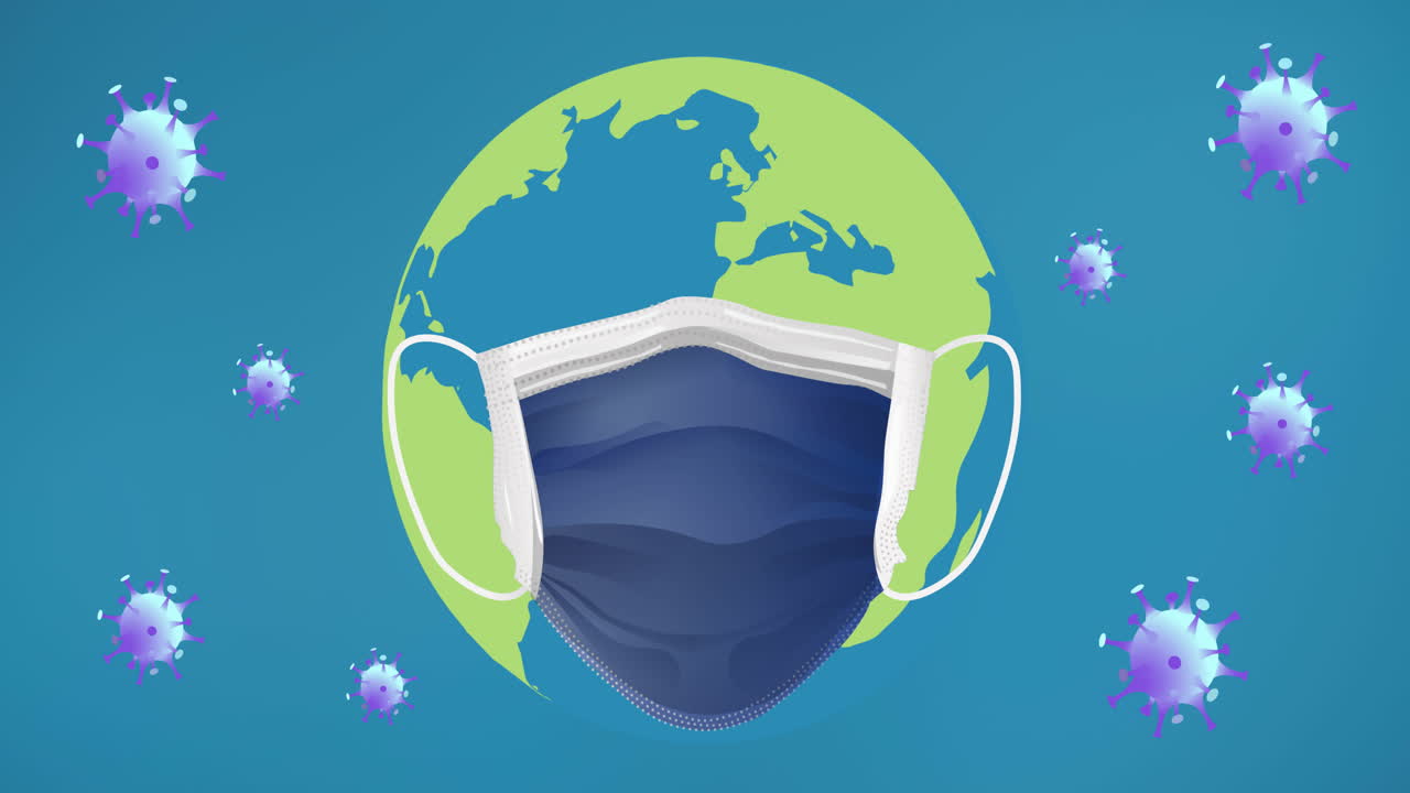 바이러스 세포 위에서 지구에 있는 얼굴 마스크의 애니메이션