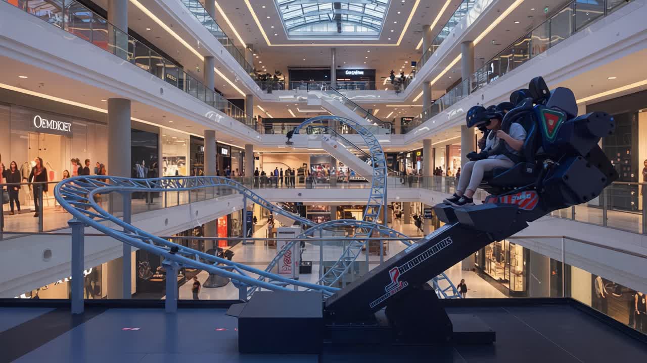 An Exciting Indoor Roller Coaster Experience in a Multilevel Shopping Mall Featuring Thrill Seekers Enjoying a Unique Amusement Ride