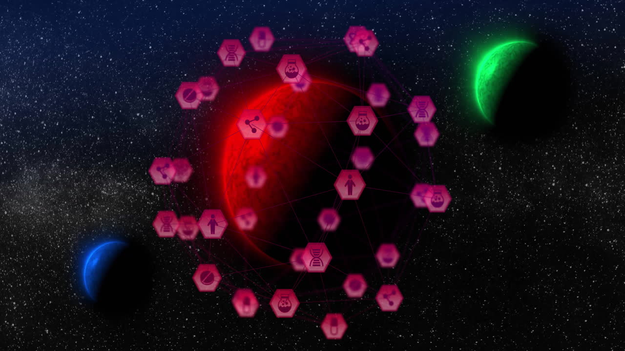 Animation of hexagonal icons orbiting red planet in space with celestial bodies