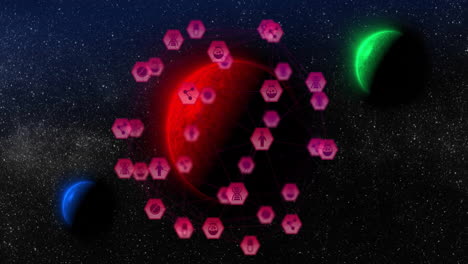 animation of hexagonal icons orbiting red planet in space with celestial bodies