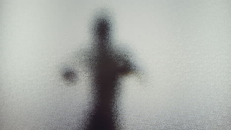 a female silhouette behind the frosted window dances slowly